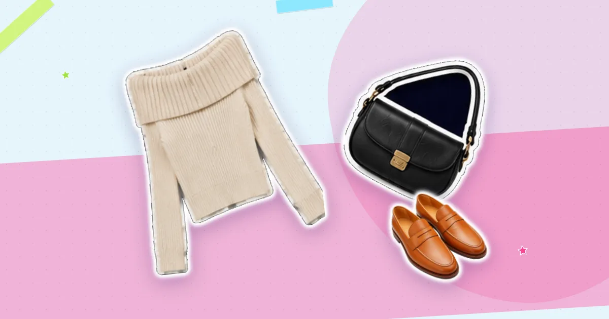 Scrapbook flat lay: ivory off shoulder, black shoulder bag and tan loafers, cut out from their backgrounds