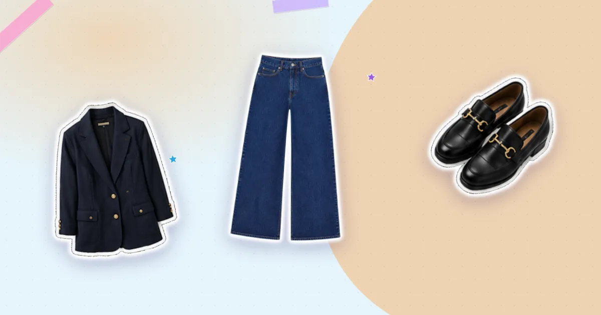 Scrapbook flat lay: indigo jeans, navy blazer and black loafers, cut out from their backgrounds