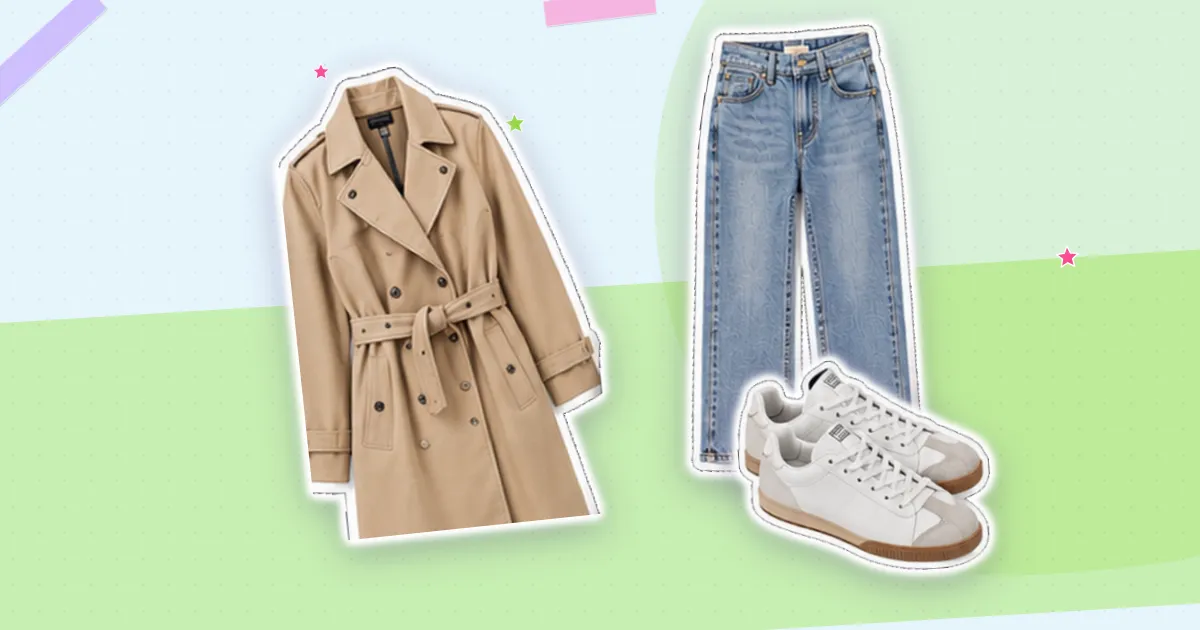 Scrapbook flat lay: beige trench, light wash jeans and white sneakers, cut out from their backgrounds