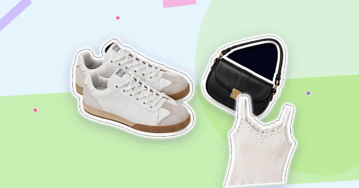 Scrapbook flat lay: white sneakers, black shoulder bag and white tank, cut out from their backgrounds