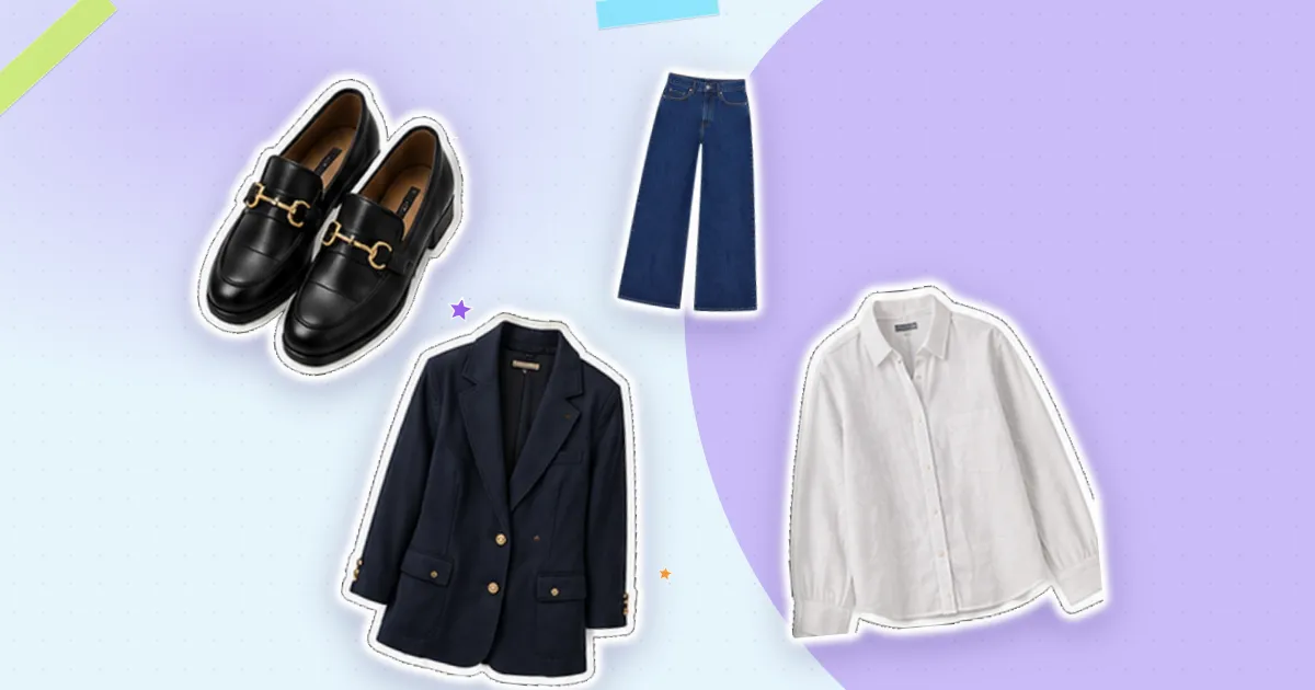 Scrapbook flat lay: black loafers, indigo jeans, navy blazer and white shirt, cut out from their backgrounds