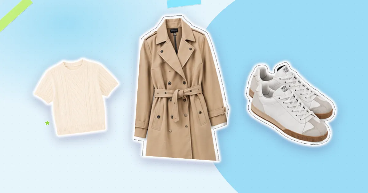 Scrapbook flat lay: cream knit, beige trench and white sneakers, cut out from their backgrounds