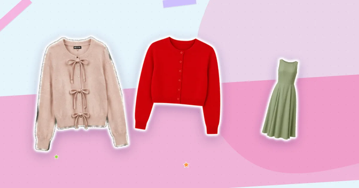 Scrapbook flat lay: blush bow cardigan, cherry cardigan and sage midi, cut out from their backgrounds