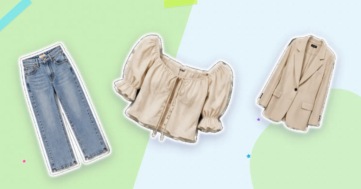 Scrapbook flat lay: ivory puff blouse, light wash jeans and ivory blazer, cut out from their backgrounds