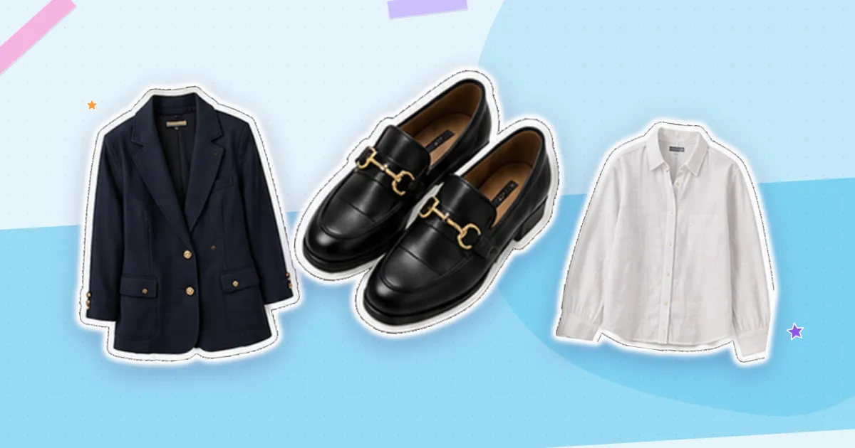 Scrapbook flat lay: navy blazer, black loafers and white shirt, cut out from their backgrounds