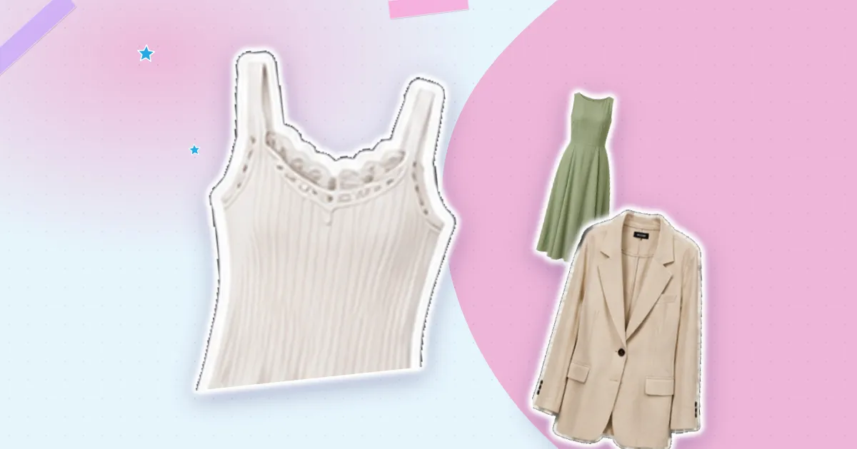 Scrapbook flat lay: white tank, sage midi and ivory blazer, cut out from their backgrounds