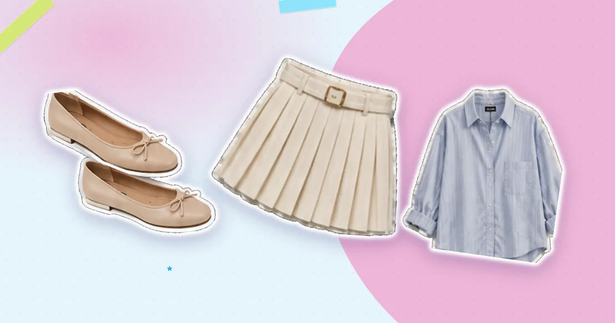 Scrapbook flat lay: ballet flats, ivory pleated skirt and blue striped shirt, cut out from their backgrounds