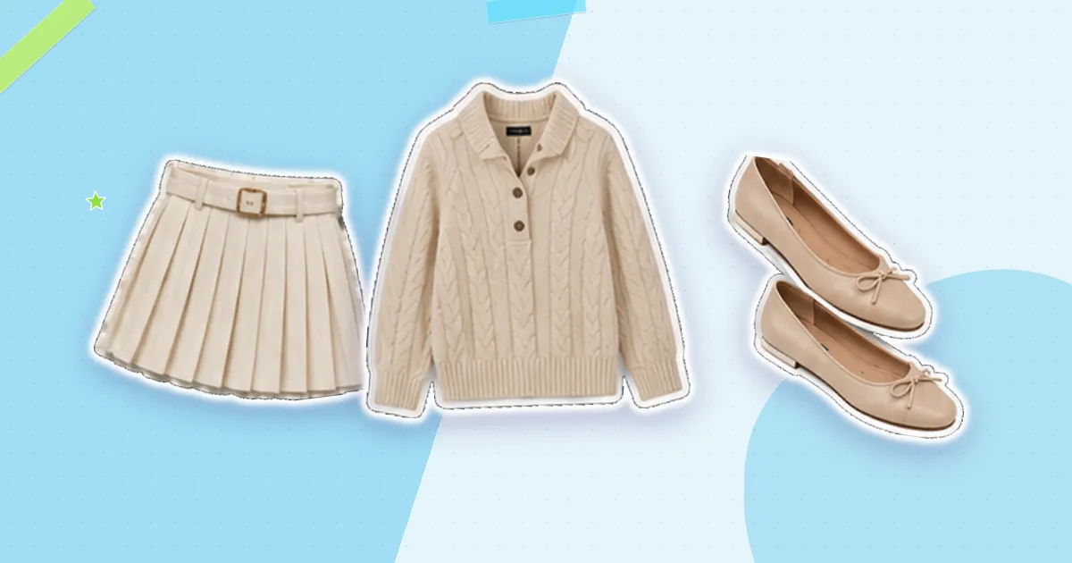 Scrapbook flat lay: ivory pleated skirt, cream cardigan and ballet flats, cut out from their backgrounds