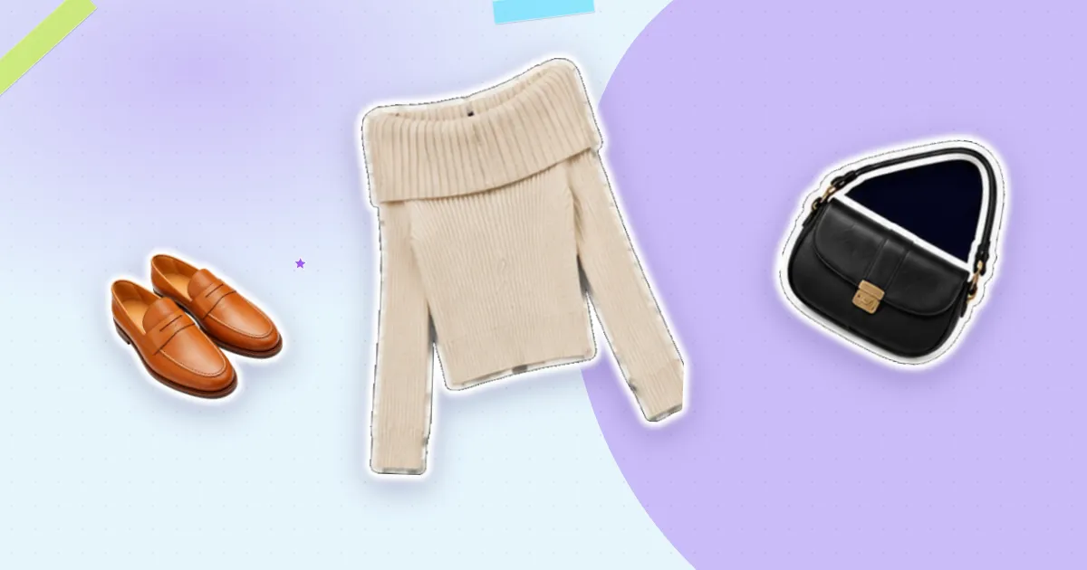 Scrapbook flat lay: ivory off shoulder, tan loafers and black shoulder bag, cut out from their backgrounds