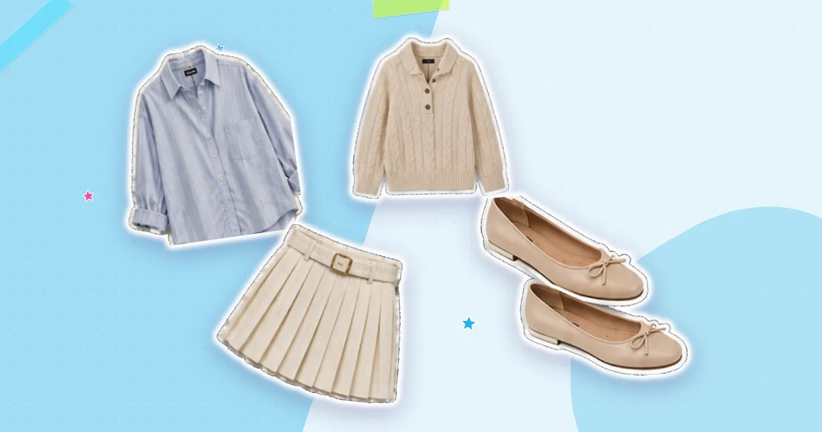 Scrapbook flat lay: blue striped shirt, cream cardigan, ivory pleated skirt and ballet flats, cut out from their backgrounds