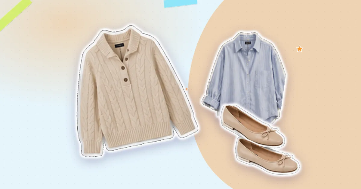Scrapbook flat lay: cream cardigan, blue striped shirt and ballet flats, cut out from their backgrounds
