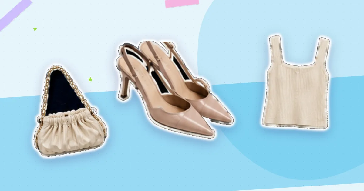 Scrapbook flat lay: blush slingbacks, ivory ruched bag and ivory button tank, cut out from their backgrounds