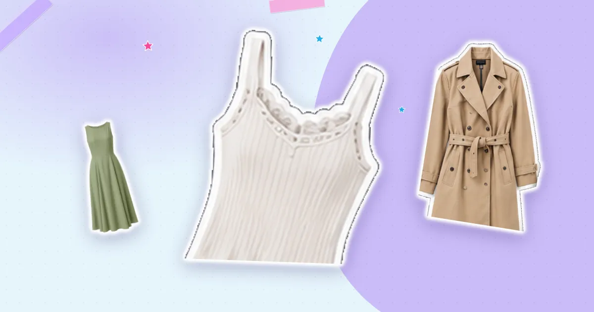 Scrapbook flat lay: white tank, sage midi and beige trench, cut out from their backgrounds