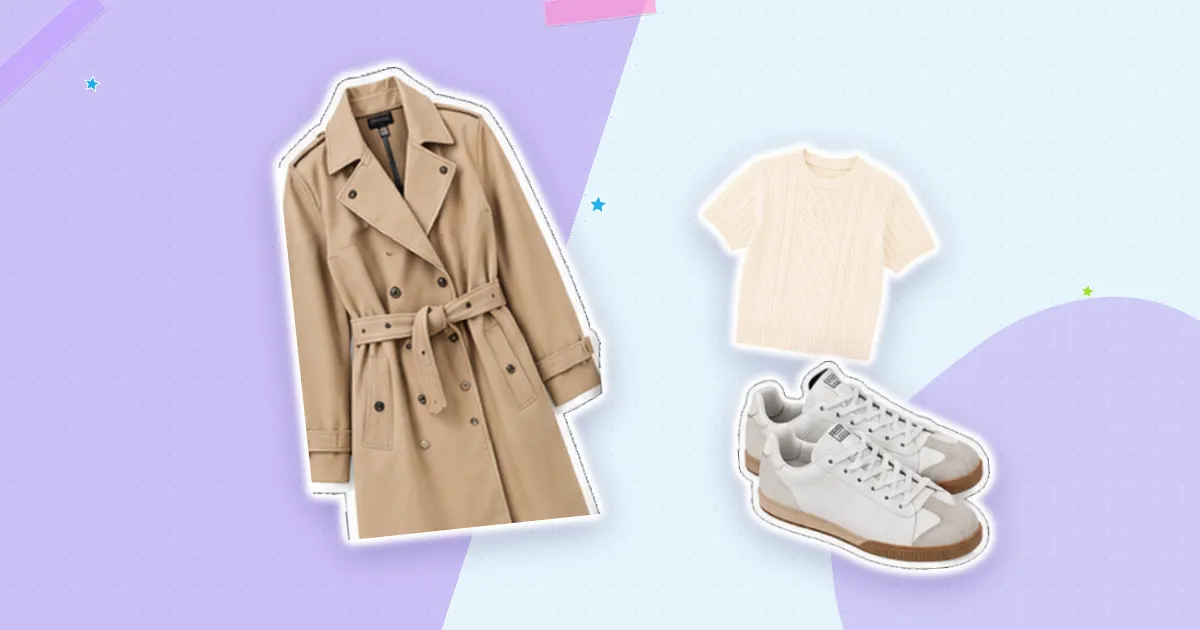Scrapbook flat lay: beige trench, cream knit and white sneakers, cut out from their backgrounds