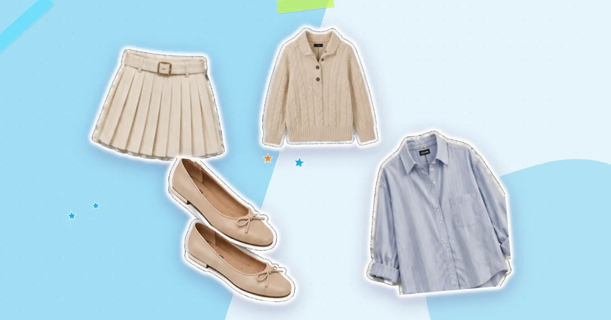 Scrapbook flat lay: ivory pleated skirt, cream cardigan, ballet flats and blue striped shirt, cut out from their backgrounds