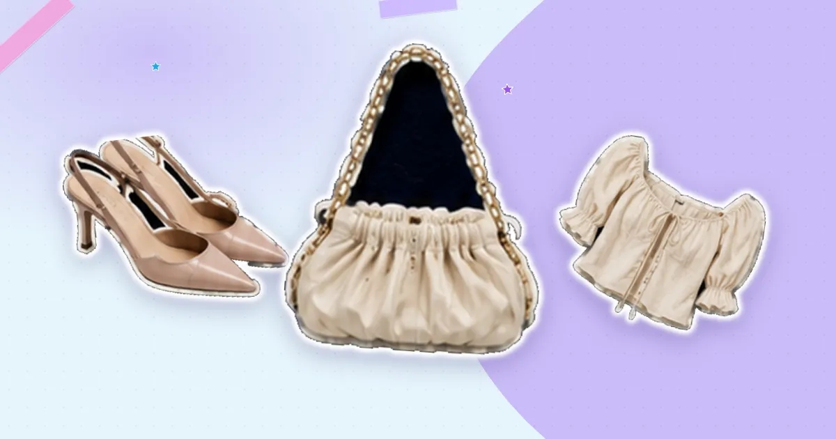 Scrapbook flat lay: blush slingbacks, ivory ruched bag and ivory puff blouse, cut out from their backgrounds