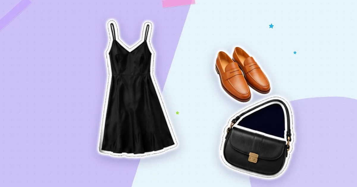 Scrapbook flat lay: black slip dress, tan loafers and black shoulder bag, cut out from their backgrounds