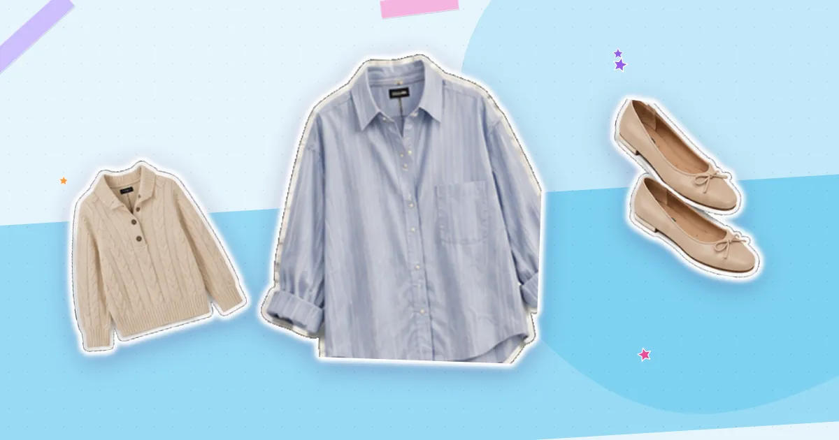 Scrapbook flat lay: blue striped shirt, cream cardigan and ballet flats, cut out from their backgrounds