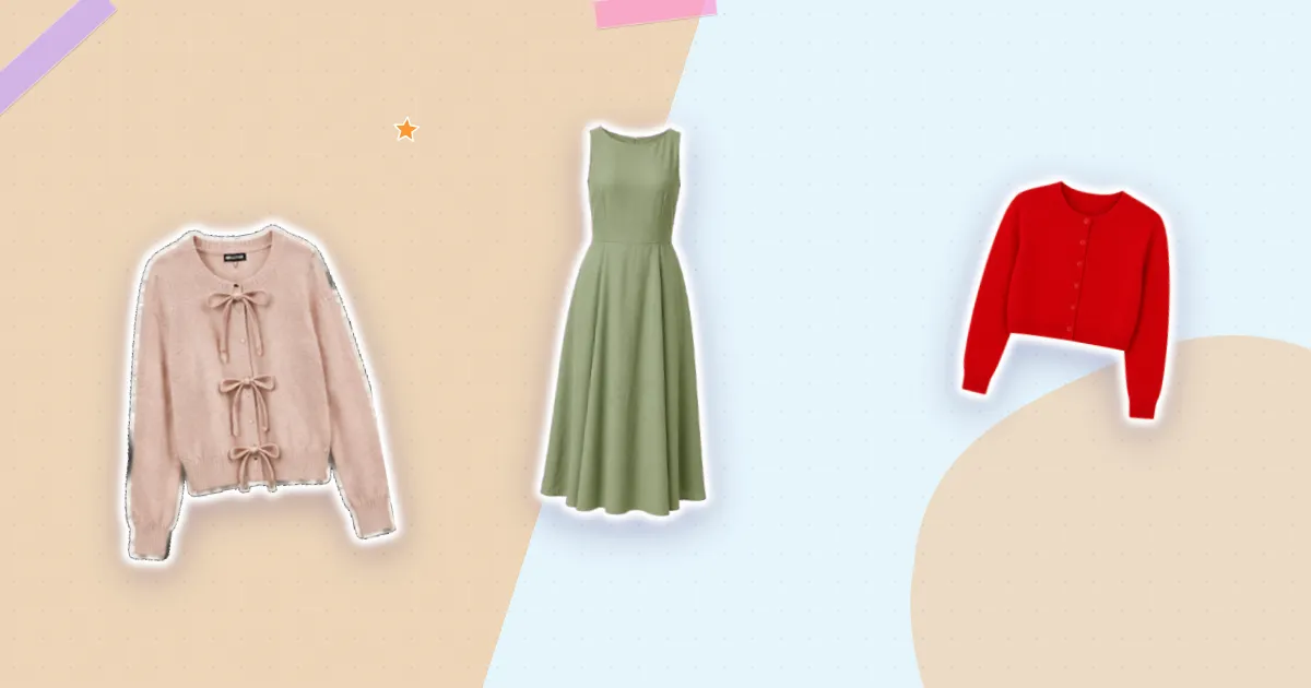 Scrapbook flat lay: sage midi, blush bow cardigan and cherry cardigan, cut out from their backgrounds