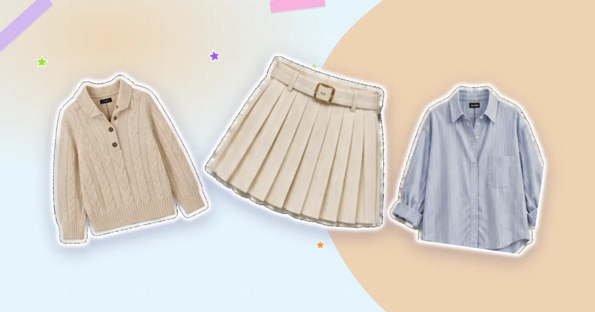 Scrapbook flat lay: cream cardigan, ivory pleated skirt and blue striped shirt, cut out from their backgrounds