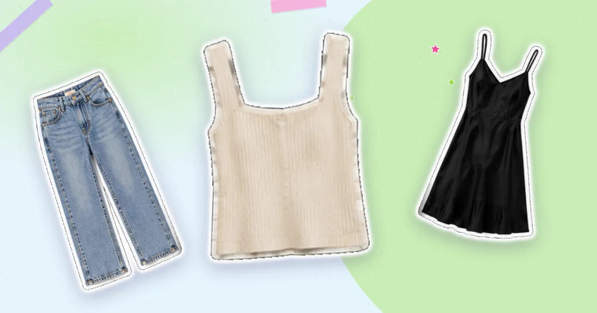 Scrapbook flat lay: ivory button tank, light wash jeans and black slip dress, cut out from their backgrounds