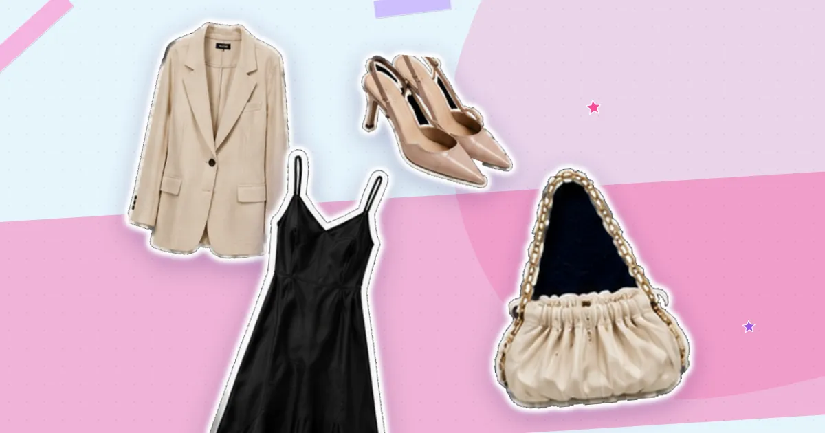 Scrapbook flat lay: ivory blazer, blush slingbacks, black slip dress and ivory ruched bag, cut out from their backgrounds