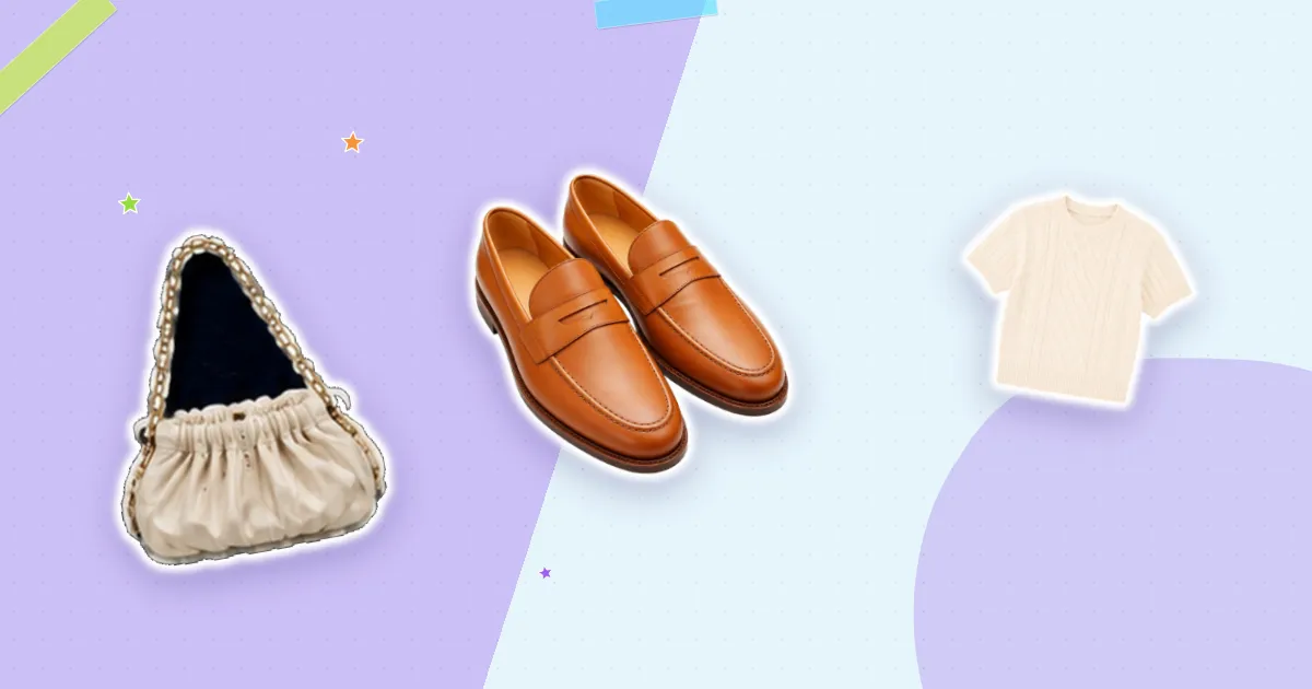 Scrapbook flat lay: tan loafers, ivory ruched bag and cream knit, cut out from their backgrounds