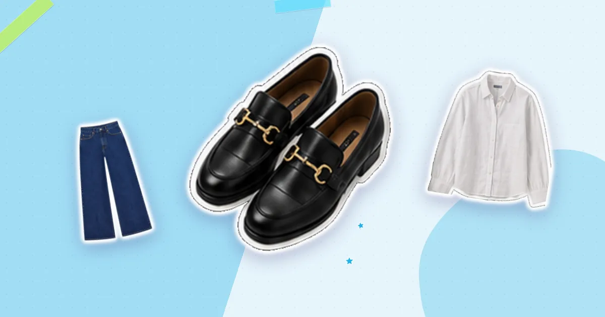 Scrapbook flat lay: black loafers, indigo jeans and white shirt, cut out from their backgrounds